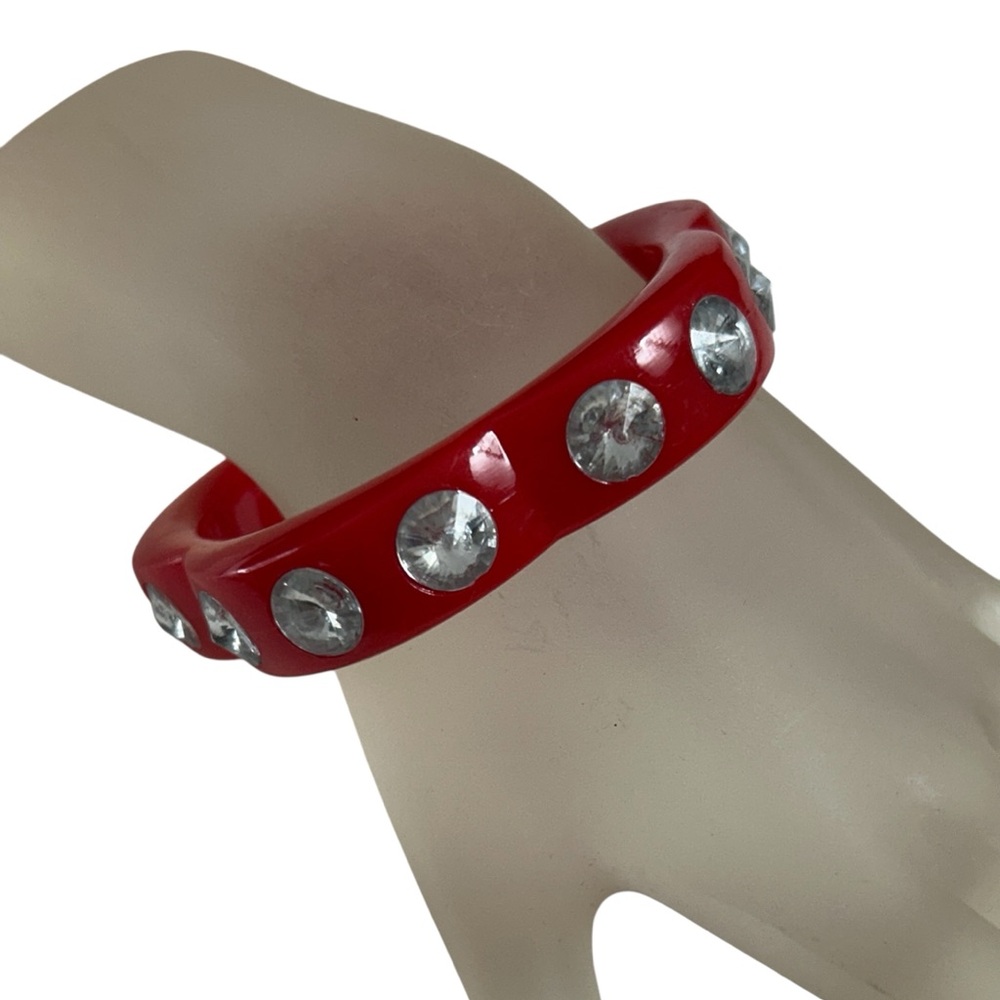 Flower Shaped Red Lucite Clear Rhinestone 3” Bangle Bracelet Chunky Vintage